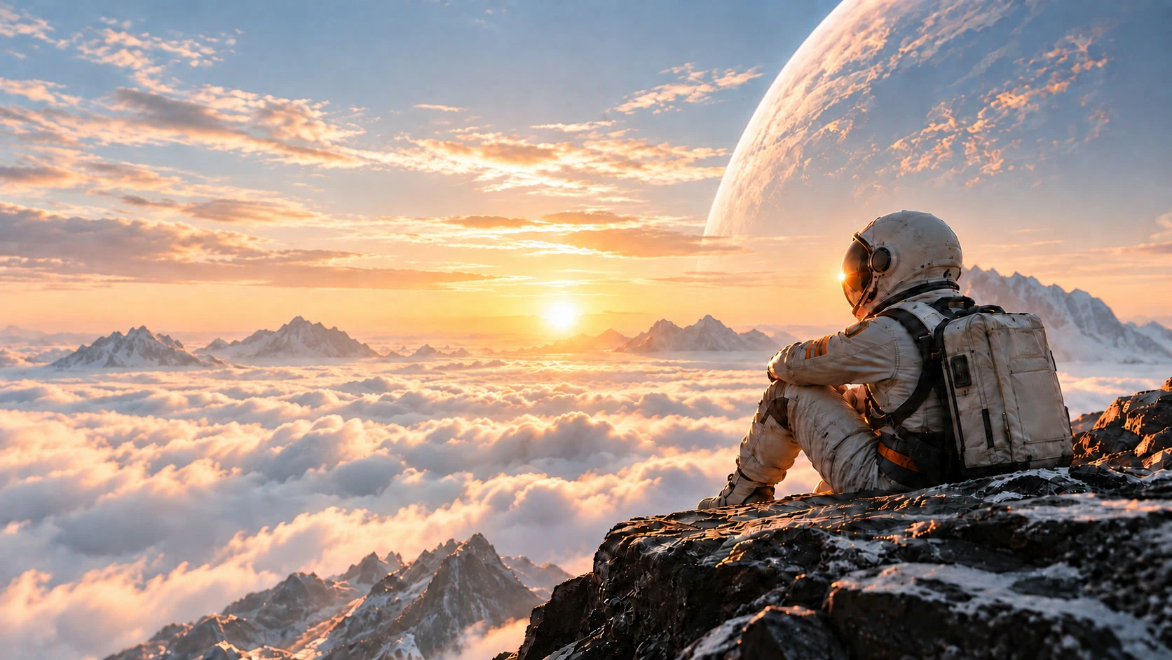 Astronaut sitzt auf einem Felsen über den Wolken und blickt in den Sonnenaufgang